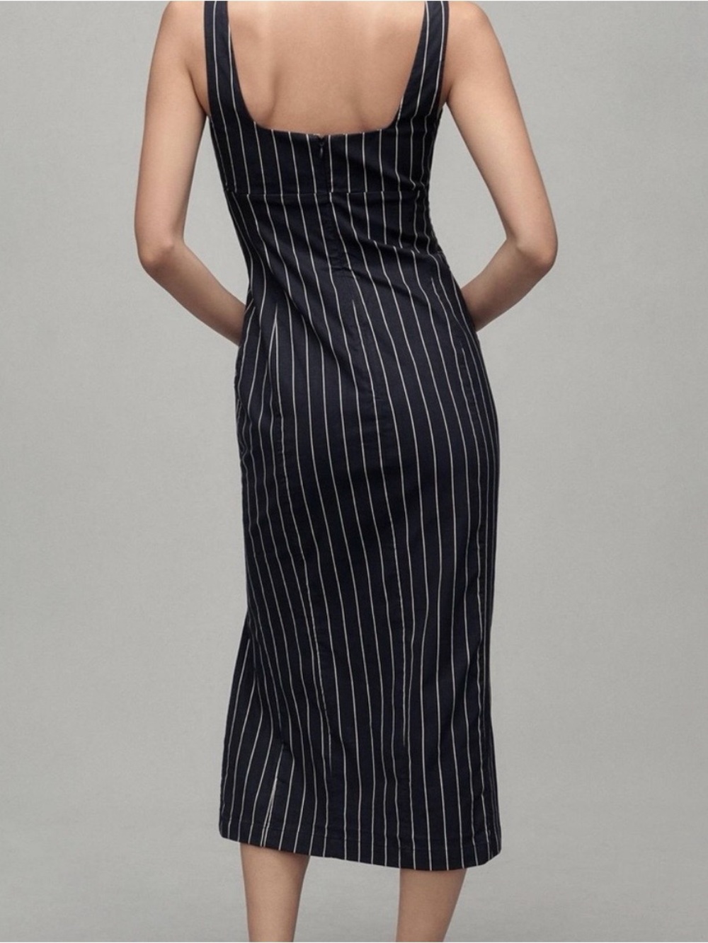 Anthropologie Navy Pinstripe Square Neckline Midi Dress with Side Slit. NWT. XS. - Picture 2 of 10
